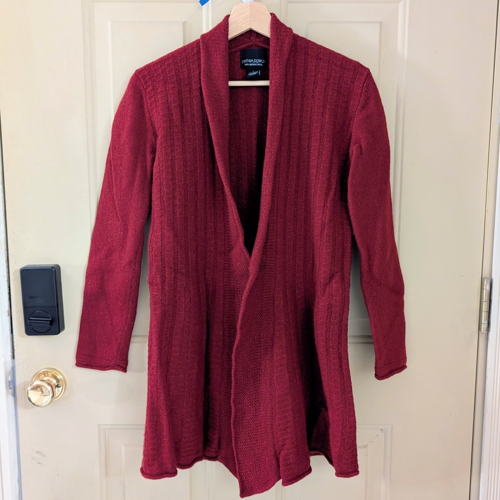Merino Wool Open Front Cable Knit Cardigan Red